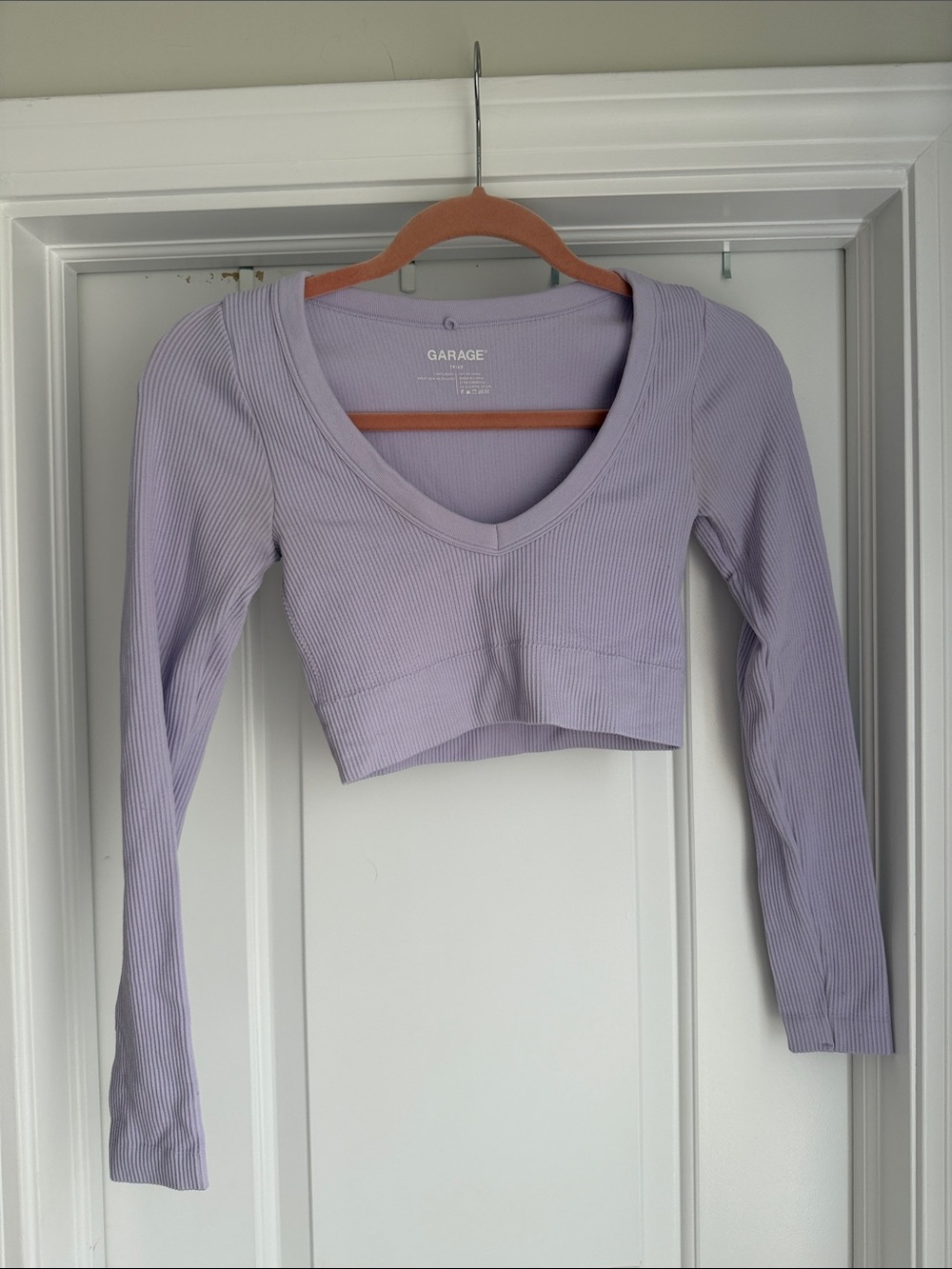 Garage Lavender Ribbed V-Neck Cropped Long Sleeve Top